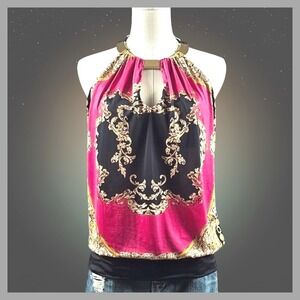 Vintage Y2K Cache Baroque Halter Top XS Scarf Print Gold Hardware Glam McBling